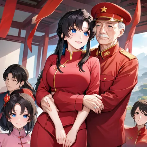 ((Highest quality)), ((masterpiece)), (detailed), （Perfect Face）、The woman is a Chinese Lacus Clyne with blue eyes and medium-long black hair. She is wearing an engagement ring. She has become a member of the glorious Chinese Communist Party and has sworn ...