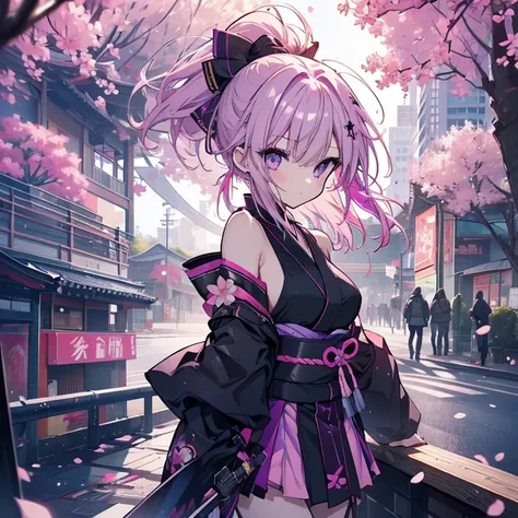 1 girl、Mature、Ample breasts、Purple Eyes、Pink Hair、Long Hair、ponytail、Ninja、Armament、kimono、Shoulder Bare、Miniskirt、Arm Covers、Pointed handbag、I dont want、Ninja、knife、Battle Scenes、cool、Downtown、Night view、Rooftop、Cherry blossom petals fluttering、Highest qu...