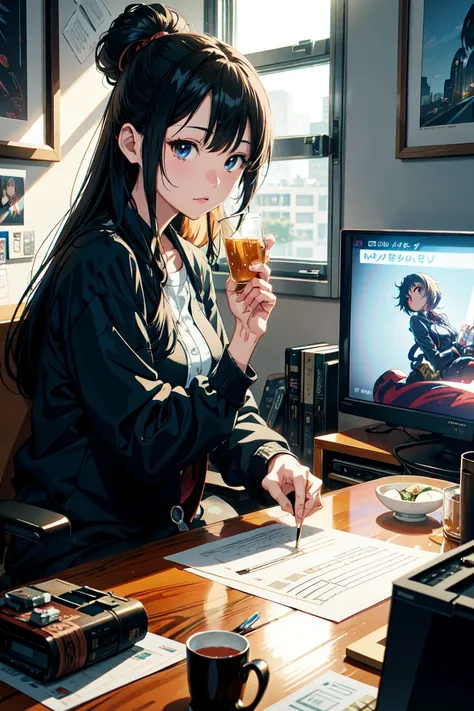 Close-up of a person sitting at a desk with a television, Smooth anime CG art, Anime very detailed, ( Highly detailed figures ), 8K high quality, detailed art, High quality and detailed animation, | Anime with attention to detail, Realistic Anime 3D Style,...