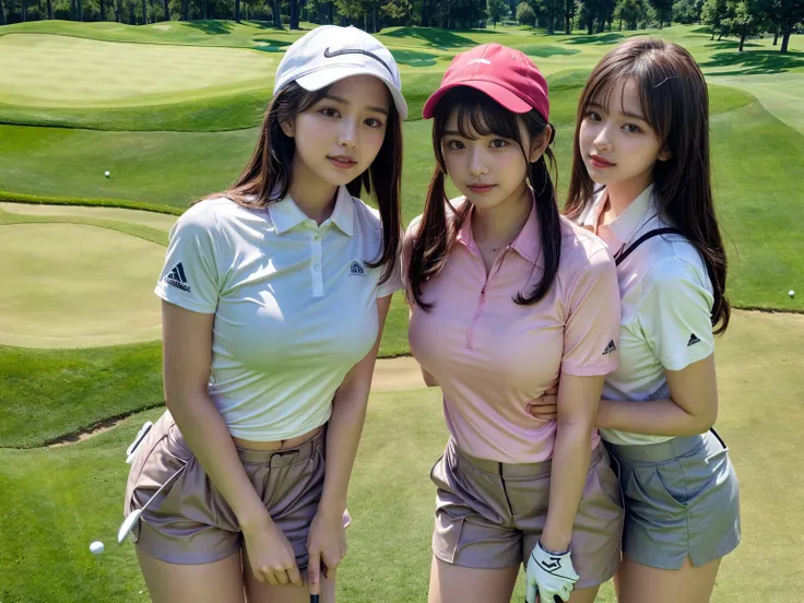 masterpiece, best quality, illustration, Super detailed, fine details, High resolution, 8K,wall paper, perfect dynamic composition,(Details High quality, realistic depiction of eyes:1.3), (3 girls), BREAK (perfect authentic golf wear:1.3)、(Beautiful white ...