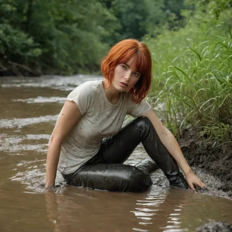 (best quality,4k,8k,highres,masterpiece:1.2), ultra-detailed, (realistic,photorealistic,photo-realistic:1.37), 70s setting:1.2,woman with red bob-cut hair, dressed in T-shirt and leather leggings:1.2, She falling on her butt into soft mud while simulates i...