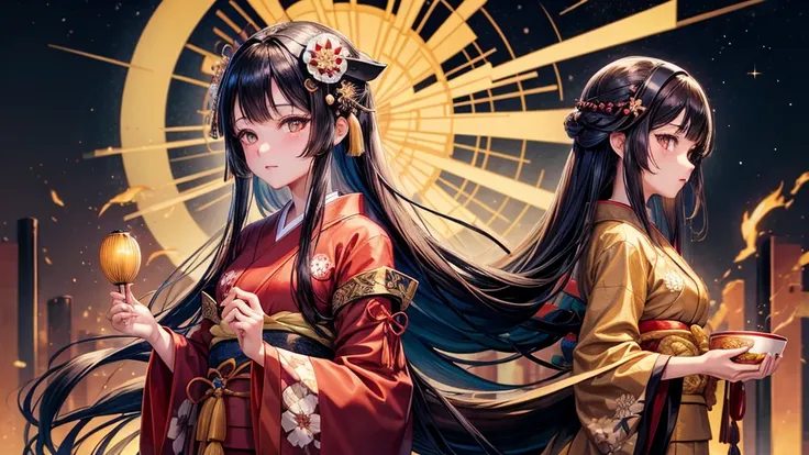 One girl, Long black hair, Brown eyes, Wearing a beautiful Japanese kimono, Mount Horai Kaguya,hair ornaments, hair 花, Wide sleeves, Iris, bamboo, View your viewers, night, star (null), Ruffle sleeves, null, night null,night,High resolution, Super sharp, 8...