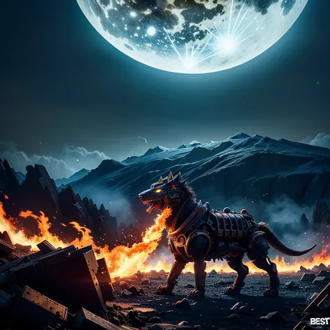 4_legged_mechanical_beast_covered_in_fire, roaming_a_destroyed_metropolis_waste_land, getting_hit_by_ice_blasts_from_brave_warriors_afar, full_moon_on_background, shattered_land, acid_rain_falling_from_above, (best_quality:1.7)