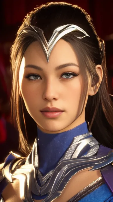 a close up of a woman with a sword and a blue dress, portrait of modern darna, 8k portrait render, inspired by Li Mei-shu, daz studio genesis iray ultra hd, unreal 5. rpg portrait, unreal engine character art, star trek asian woman, character portrait clos...