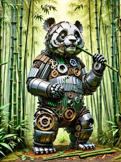 ais-scrapyrd panda, Standing in a bamboo forest，Eating mechanical bamboo