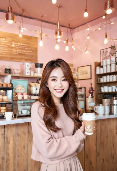 A full body shot of a beautiful Asian actress with long brown-colored hair, detailed beautiful hazel eyes, detailed beautiful face, detailed beautiful fingers, standing in a pastel-themed coffee shop. She is holding a cup of coffee in her hand, posing grac...