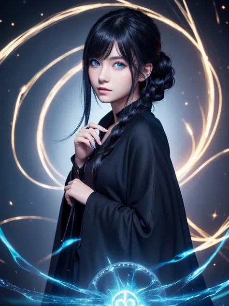 25-year-old girl、Rune background、black magician、Wearing a black robe、mesmerize、cute woman、Elegant hairstyle、indigo hair color、Slightly shorter hair、blue eyes、look at the viewer、masterpiece、Best image、