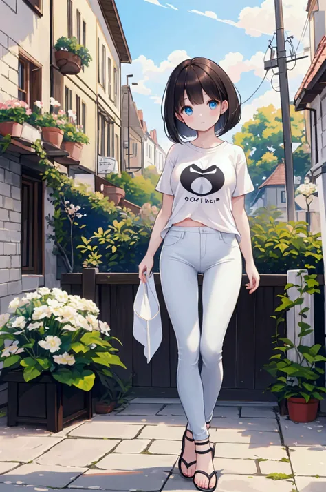 Photorealistic、Highest quality、Highest Resolution、Highest quality、16Ｋ、One beautiful woman、Cute face、Delicate face、looks fun、Bob cut hair、Dark Hair Color、Pale blue eyes、Beautiful breasts、T-Shirts、Tight skinny pants、Cute chunky sandals、Clear skies、Town、