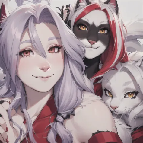 there are two cat women that are taking a selfie together, long red hair white streak hair, going gray, silver hair so long, two color hair, furry, furry art, cat face, anthropomorphic cats, she has red hair, taken in the early 2020s, with her long, long s...