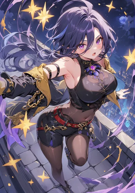 score_9, score_8_above, large breasts, 1 girl, Alone, solo, BREAK Clorinde, Genshin impact, dark blue hair, long hair, low ponytail, original hair style, bright purple eyes, (CLOTHES), alternate costume, lipstick, Sexy crop top, long sleeve, off shoulder, ...