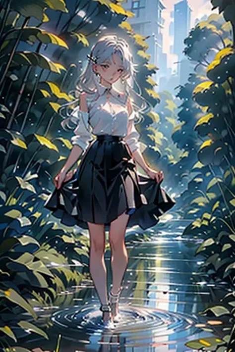 Girl walking on a path, Path leading to the grassland, Path in the woods, Wooden road, Path across the stream, Bridge over a stream, Distant City, I can see the city, Overlooking the city, girl, Silver Hair, Indigo eyes, blouse, Chiffon skirt, Midi Skirt, ...