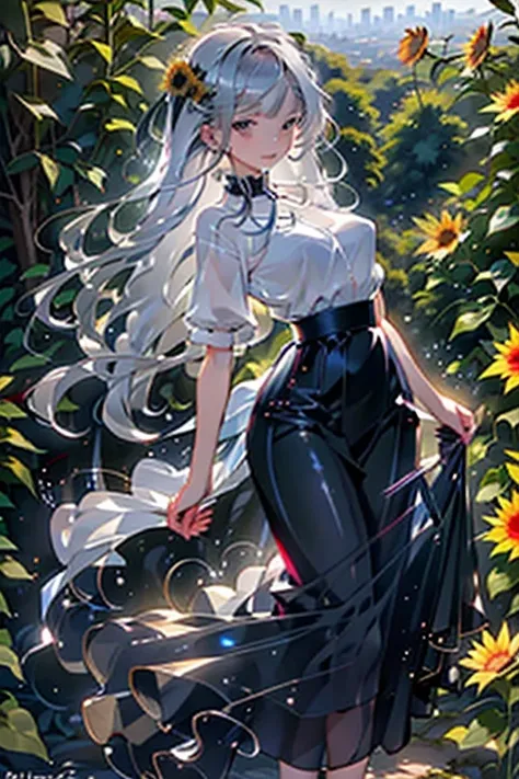 Girl walking on a path, Path through a sunflower field, Distant City, I can see the city, Overlooking the city, girl, Silver Hair, Indigo eyes, blouse, Chiffon skirt, Long skirt, Long Hair, mysterious, Small breasts, anime, manga, beautiful girl