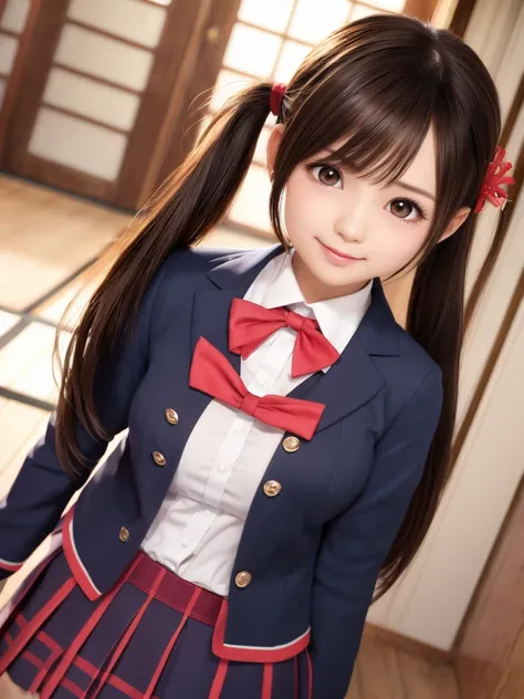 ultra detailed realistic human skin, 
(japanese adorable pretty girl:1.2), twintails and shiny charming eyes, (school uniform), ...