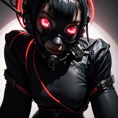 a very beautiful and very thin girl, wears black underwear with tights and latex face mask. dark room with only red neon lightin...