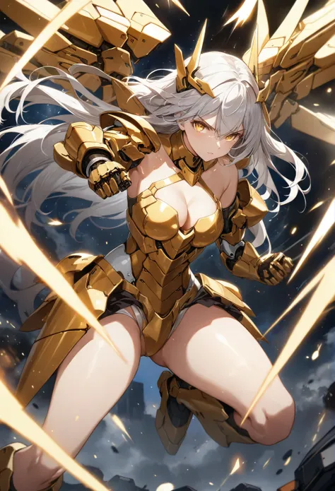 score_9_up, score_8_up, score_7_up, source_anime,masterpiece, best quality, high resolution, extremely detailed CG, absurdres, highres, 1girl, solo, a mecha girl in golden armor with glowing mecha_wings fights at battlefield, ((body surrounded by yellow Ba...