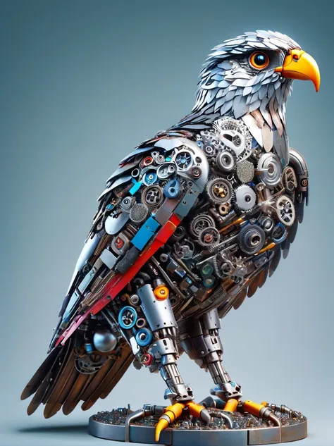 (3d，mechanical感，cute，ais-scrapyrd white-headed hawk，mechanical)，colorful neon lights，高科技mechanical部件，metal body，detailed vibrani...