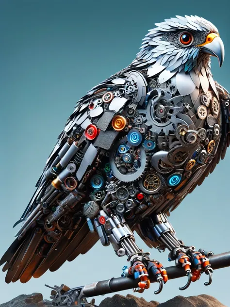 (3D，mechanical感，cute，ais-scrapyrd White-headed hawk，mechanical)，Colorful neon lights，高科技mechanical部件，Metal body，Detailed Vibranium Flower Design，Vibrant colors，Dynamic glowing flowers，Reflective metal surface，Bright environment，Dynamic poses，Exquisite exis...