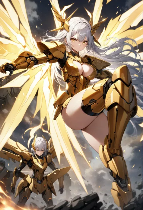 score_9_up, score_8_up, score_7_up, source_anime,masterpiece, best quality, high resolution, extremely detailed CG, absurdres, highres, 1girl, solo, a mecha girl in golden armor with glowing mecha_wings fights at battlefield, ((body surrounded by yellow Ba...