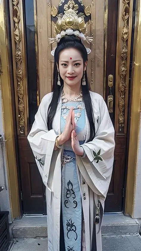 bodhisattva，standing on the lotus，wearing white gi，hands together，facing the camera