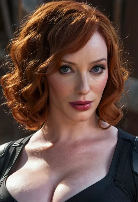 48 year old christina hendricks playing the role as the fictional character of natasha romanoff/black widow in the marvel cinema...