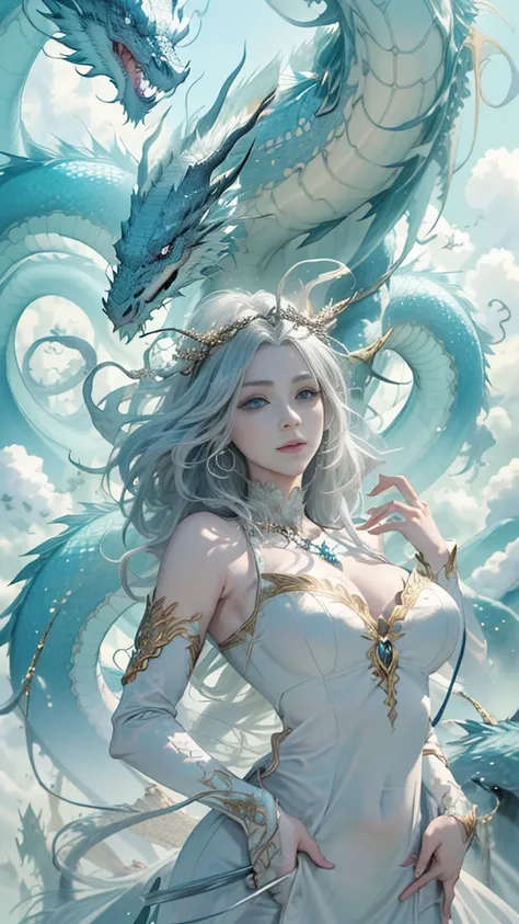 (no explanation) silver-haired dragon girl, detailed eyes, detailed lips, long eyelashes, shiny scales, majestic pose, flying in the sky, fire-breathing, fantasy world, mythical creature, vibrant colors, ethereal lighting, high-res masterpiece:1.2, magical...