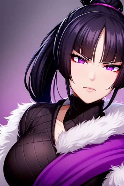 tall strong Asian muscular woman white skin black hair tied in a small ponytail with violet eyes and an aggressive look and a cut scar on the left side of her cheek and she wears dark clothes with purple details and a black cape with a purple x on it.