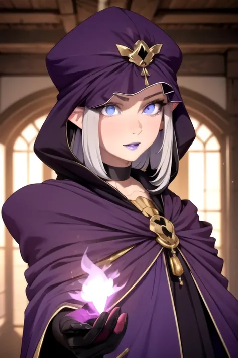 (masterpiece, sidelighting, finely detailed beautiful eyes: 1.2), glowing eyes, shiny hair, MedeaRobe, cloak, gloves, MedeaCas, blue eyes, purple lips, pointy ears, choker, hood, jewelry, magic, ring, robe, solo, room, 