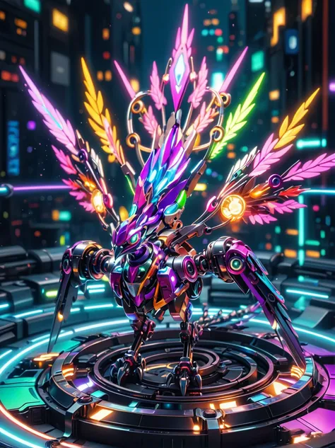 (3D，mechanical感，cute，ais-scrapyrd Phoenix，mechanical)，Colorful neon lights，高科技mechanical部件，Metal body，Detailed Vibranium Flower Design，Vibrant colors，Dynamic glowing flowers，Reflective metal surface，Bright environment，Dynamic poses，Exquisite existence，Skil...