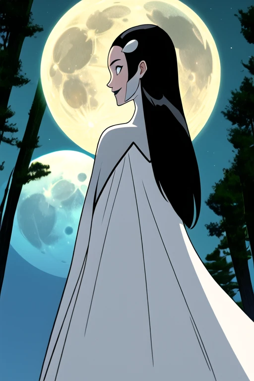 Tinya Wazzo, solo,black hair, long hair. grey eyes, smile, grey lips, white cape, best quality, masterpiece, 1girl, Masterpiece, Best Quality, Detail, forest, night, moon, From Behind, From Below, cape in front, cape covered her back, solo, 1girl