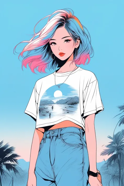 Illustrator, anime , Realistic ,sketch , One woman, lip, T-Shirts,Landscape, order, light blue gradient background, Neon Hair,textured crop, Vietnam people, (masterpiece,Highest quality)