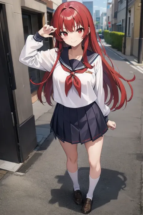 anime style girl, with shiny hair (Red hair, school uniform) and seductive pose, Red eyes, and tender smile.