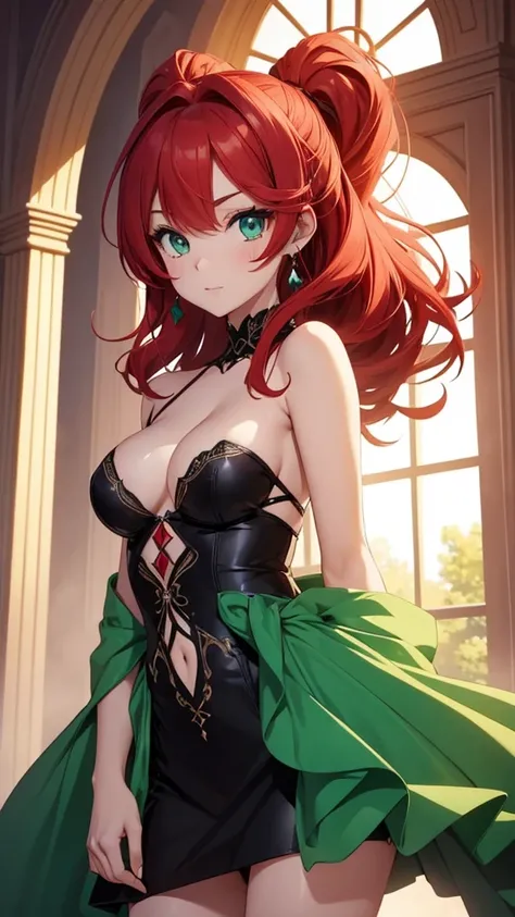 A beautiful and beautiful young princess with red hair and green eyes., she wears her beautiful revealing dress. anime style