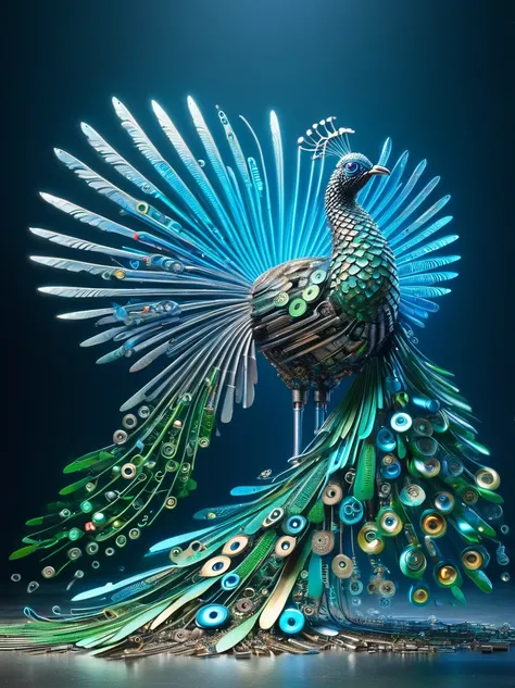 (3D，mechanical感，cute，ais-scrapyrd peacock，mechanical)，Colorful neon lights，高科技mechanical部件，Metal body，Detailed Vibranium Flower Design，Vibrant colors，Dynamic glowing flowers，Reflective metal surface，Bright environment，Dynamic poses，Exquisite existence，Skil...