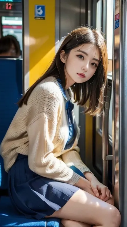 masterpiece, High resolution, Ultra High resolution, 4K, Black Hair, Japanese Girls, Uniform skirt, Accentuate your thighs, White thighs, Soft thighs, Shiny thighs, Sitting on a train, Facing angle, Angle from below, Sitting on a train Seat, Sit in front, ...