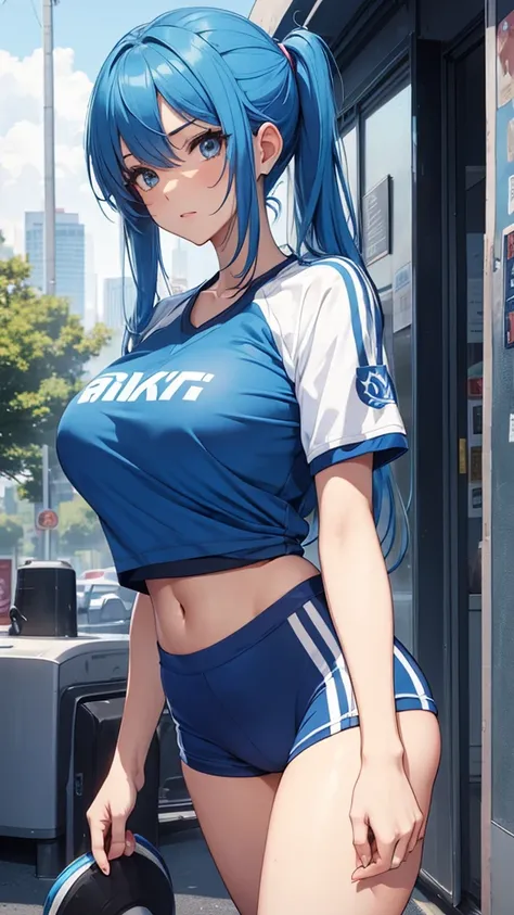 Big breasted girl with blue hair and sports clothes 