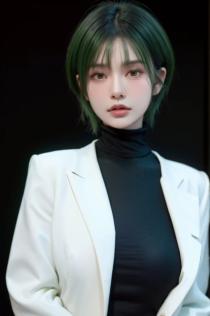 HDR, UHD,8K, nokiapretty,Turtleneck, (((black background 8k))), short hair, greenhair,