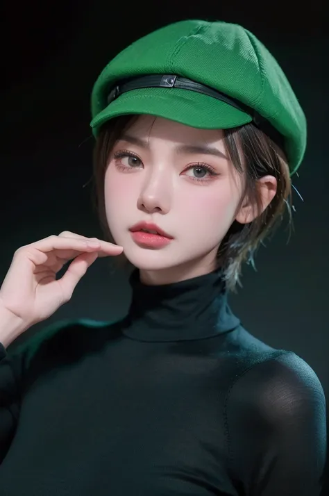 HDR, UHD,8K, nokiapretty,Turtleneck, (((black background 8k))), short hair, greenhair, in cap