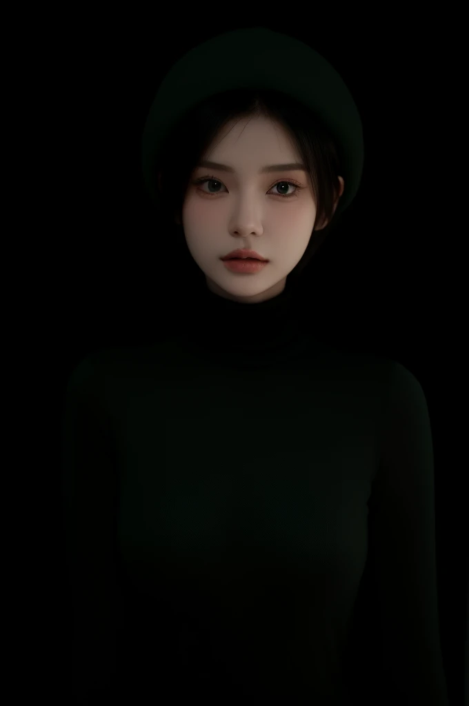 HDR, UHD,8K, nokiapretty,Turtleneck, (((black background 8k))), short hair, greenhair, in cap