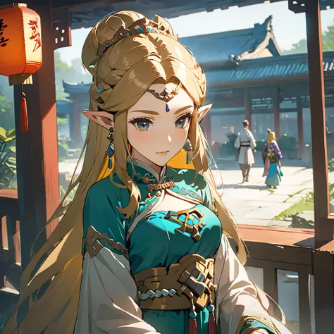 ((Highest quality)), ((masterpiece)), (detailed), （Perfect Face）、The woman is Princess Zelda, an ordinary Chinese woman with medium-long blonde hair and an engagement ring.、The woman is dressed in typical Chinese clothing.