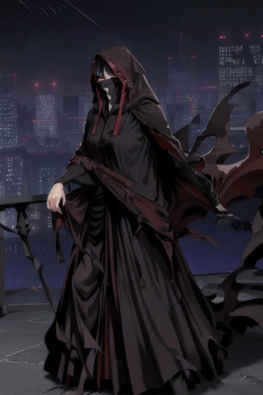 No name assassin, red eyes, cloak, robe, black hair, long skirt, mask, hood, cape, best quality, masterpiece, solo, 1girl, standing, sexy pose, city, night