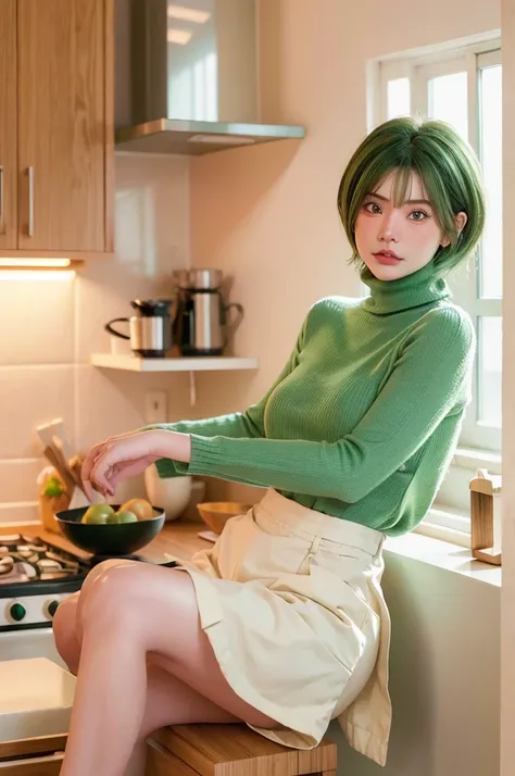 HDR, UHD,8K, nokiapretty,Turtleneck, short hair, greenhair, In the kitchen