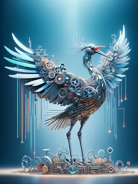 (3D，mechanical感，cute，ais-scrapyrd Japanese Crane，mechanical)，Colorful neon lights，高科技mechanical部件，Metal body，Detailed Vibranium Flower Design，Vibrant colors，Dynamic glowing flowers，Reflective metal surface，Bright environment，Dynamic poses，Exquisite existen...