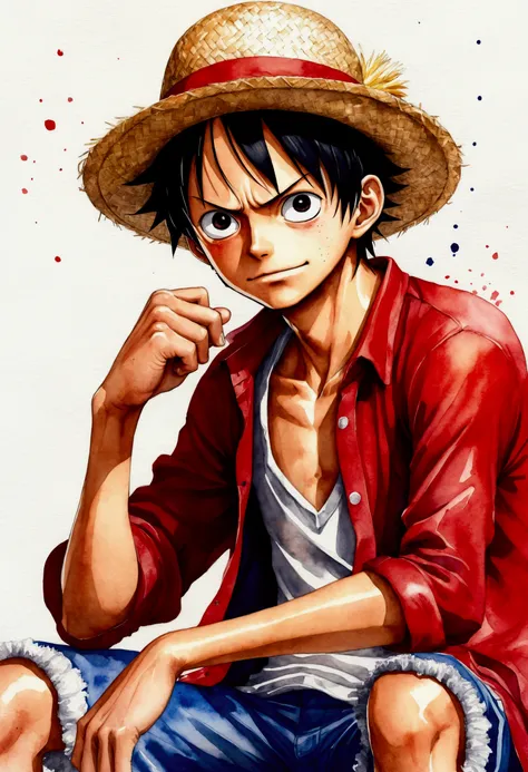 One Piece Luffy&#39;s creation、Watercolor、An illustration、Black Hair、Straw hat、shirt、precise face features、black eye、Sporty clothes、High resolution、Dynamic pose、
