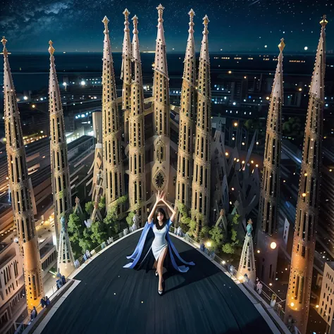 blue sky, evening light, (Aerial View of Sagrada Familia:1.6), (young Beautiful woman is dancing in the Air), she wears long white thin silk dress, skin exposure is minimum, her beautiful and cute face, wide angle lens f/2.8, ultra insane high resolution i...