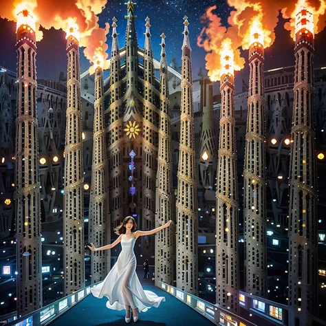 blue sky, evening light, (Aerial View of Sagrada Familia:1.6), (young Beautiful woman is dancing in the Air), she wears long white thin silk dress, skin exposure is minimum, her beautiful and cute face, wide angle lens f/2.8, ultra insane high resolution i...