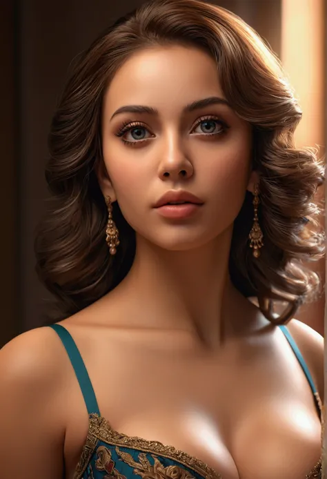 a woman looking forward showing her breasts, realistic, photorealistic, detailed face, beautiful eyes, long eyelashes, beautiful lips, intricate details, hyper detailed, 8k, high resolution, masterpiece, cinematic lighting, dramatic lighting, warm color to...