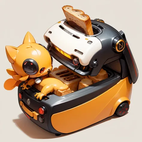 ultra-small deformation, Chibi Cute, Mechanical Creature, Creature shaped like a toaster that toasts bread, High contrast and vivid color, simple background