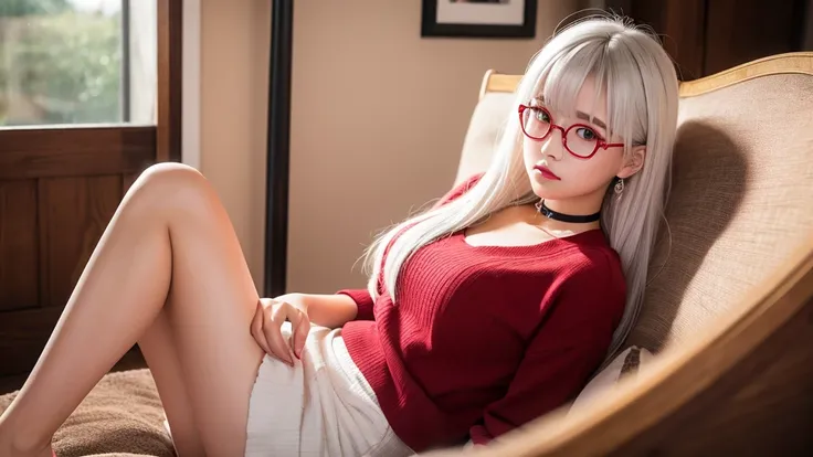 sitting with knees up, (spread legs), (Looking at viewer), (Highest quality), (Ultra-high resolution), (Realistic), Japanese, 1girl, cute, embarrassed, japanese style room, white hair, lipstick, eyeshadow, eyeliner, blushing cheeks, choker, red eyewear