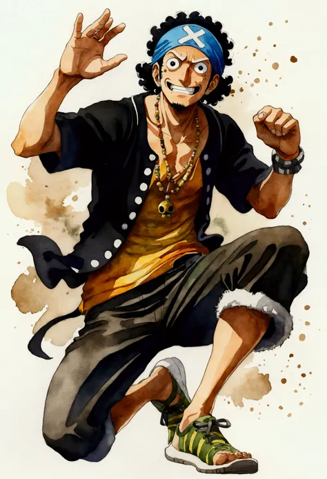 The creation of Usopp from One Piece、Watercolor、An illustration、Black Hair、shirt、precise face features、black eye、Sporty clothes、High resolution、Dynamic pose