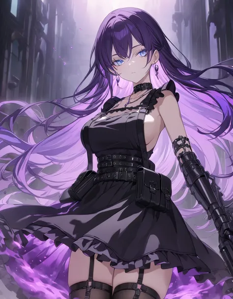 iridescent blue eyes, symmetrical eyes, long black and purple hair, earrings, necklace, gothic style, webbed belt, tactical, pouches, black maid outfit, black apron, weapon Holster, webbed belt, frilly skirt, metal gloves, black thigh highs, Long eyelashes...